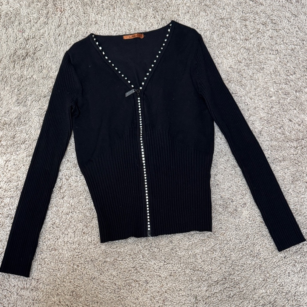 Belldini Black V-Neck Top with Silver Accents